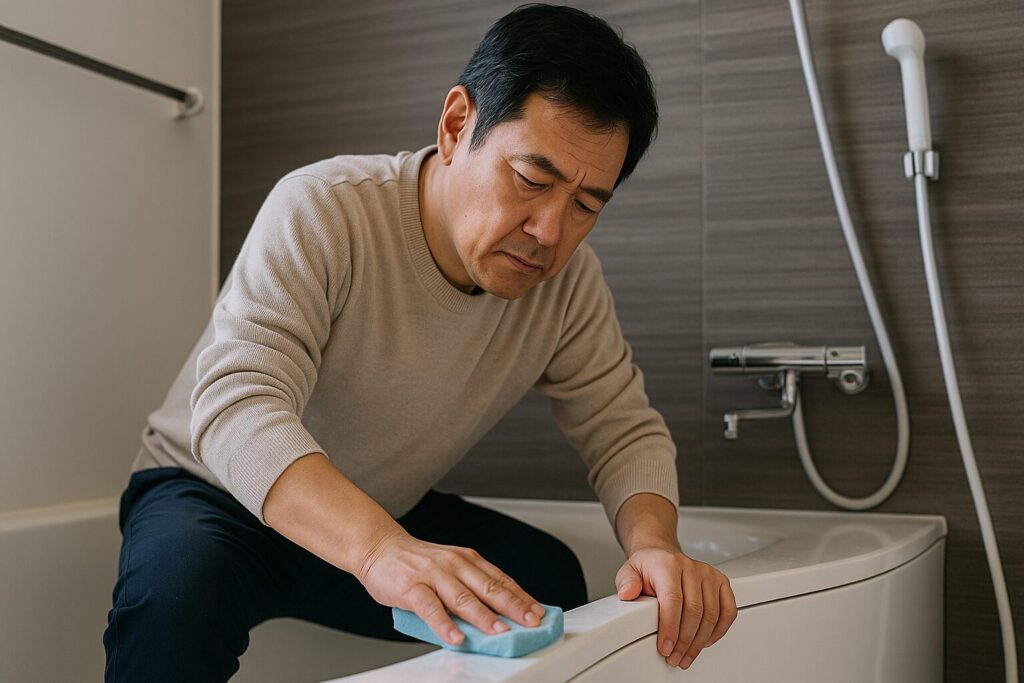 風呂掃除をする中年男性