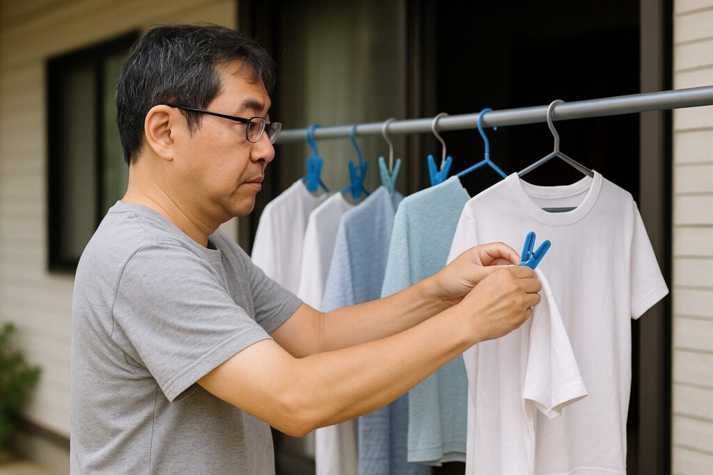 洗濯を干す中年男性